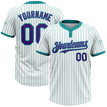 Load image into Gallery viewer, Custom White Teal Pinstripe Purple Two-Button Unisex Softball Jersey