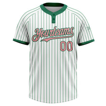 Load image into Gallery viewer, Custom White Kelly Green Pinstripe Medium Pink Two-Button Unisex Softball Jersey