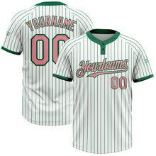 Load image into Gallery viewer, Custom White Kelly Green Pinstripe Medium Pink Two-Button Unisex Softball Jersey