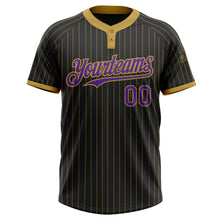 Load image into Gallery viewer, Custom Black Old Gold Pinstripe Purple Two-Button Unisex Softball Jersey