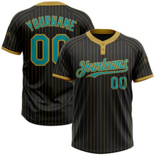 Load image into Gallery viewer, Custom Black Old Gold Pinstripe Teal Two-Button Unisex Softball Jersey