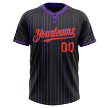 Load image into Gallery viewer, Custom Black Purple Pinstripe Orange Two-Button Unisex Softball Jersey