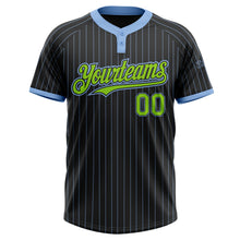 Load image into Gallery viewer, Custom Black Light Blue Pinstripe Neon Green Two-Button Unisex Softball Jersey