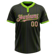 Load image into Gallery viewer, Custom Black Neon Green Pinstripe Medium Pink Two-Button Unisex Softball Jersey