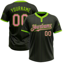 Load image into Gallery viewer, Custom Black Neon Green Pinstripe Medium Pink Two-Button Unisex Softball Jersey