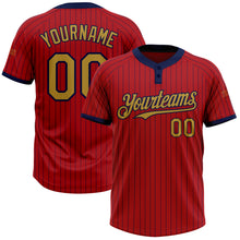Load image into Gallery viewer, Custom Red Navy Pinstripe Old Gold Two-Button Unisex Softball Jersey
