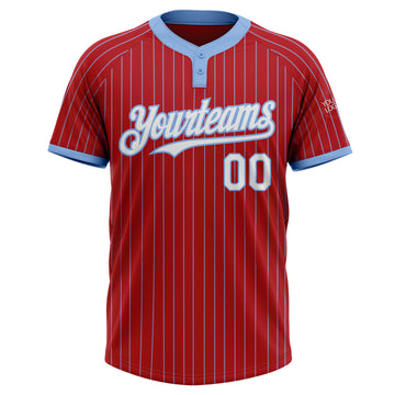 Custom Red Light Blue Pinstripe White Two-Button Unisex Softball Jersey