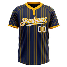 Laden Sie das Bild in den Galerie-Viewer, Custom Navy Gold Pinstripe White Two-Button Unisex Softball Jersey