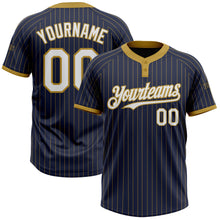 Laden Sie das Bild in den Galerie-Viewer, Custom Navy Old Gold Pinstripe White Two-Button Unisex Softball Jersey
