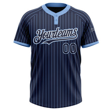 Laden Sie das Bild in den Galerie-Viewer, Custom Navy Light Blue Pinstripe White Two-Button Unisex Softball Jersey