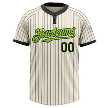 Загрузить изображение в средство просмотра галереи, Custom Cream Black Pinstripe Neon Green Two-Button Unisex Softball Jersey