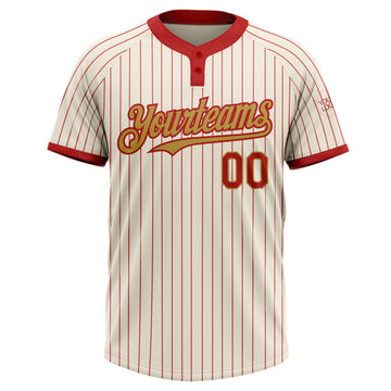 Custom Cream Red Pinstripe Old Gold Two-Button Unisex Softball Jersey