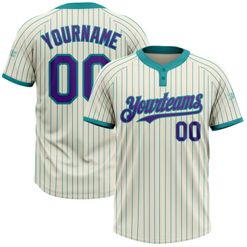 Custom Cream Teal Pinstripe Purple Two-Button Unisex Softball Jersey