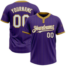 Load image into Gallery viewer, Custom Purple Old Gold Pinstripe White Two-Button Unisex Softball Jersey
