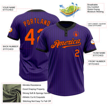 Load image into Gallery viewer, Custom Purple Black Pinstripe Orange Two-Button Unisex Softball Jersey
