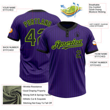 Загрузить изображение в средство просмотра галереи, Custom Purple Black Pinstripe Neon Green Two-Button Unisex Softball Jersey