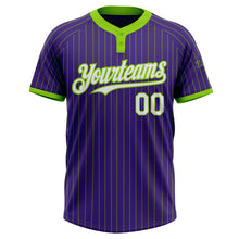 Загрузить изображение в средство просмотра галереи, Custom Purple Neon Green Pinstripe White Two-Button Unisex Softball Jersey
