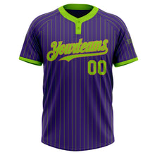 Загрузить изображение в средство просмотра галереи, Custom Purple Neon Green Pinstripe Old Gold Two-Button Unisex Softball Jersey