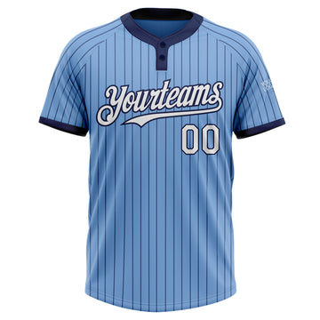 Custom Light Blue Navy Pinstripe White Two-Button Unisex Softball Jersey