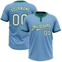 Load image into Gallery viewer, Custom Light Blue Kelly Green Pinstripe White Two-Button Unisex Softball Jersey
