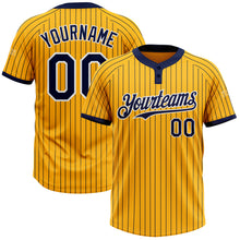 Laden Sie das Bild in den Galerie-Viewer, Custom Gold Navy Pinstripe White Two-Button Unisex Softball Jersey