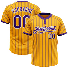 Laden Sie das Bild in den Galerie-Viewer, Custom Gold Purple Pinstripe White Two-Button Unisex Softball Jersey