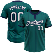 Load image into Gallery viewer, Custom Teal Navy Pinstripe White Two-Button Unisex Softball Jersey