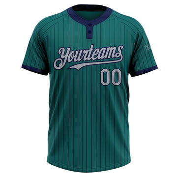 Custom Teal Navy Pinstripe Gray Two-Button Unisex Softball Jersey