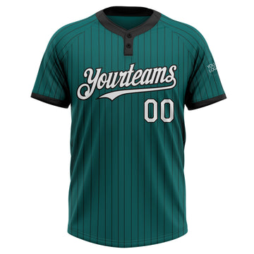 Custom Teal Black Pinstripe White Two-Button Unisex Softball Jersey