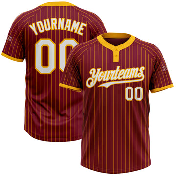 Custom Crimson Gold Pinstripe White Two-Button Unisex Softball Jersey