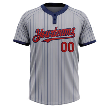 Custom Gray Navy Pinstripe Red Two-Button Unisex Softball Jersey