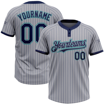 Custom Gray Navy Pinstripe Teal Two-Button Unisex Softball Jersey