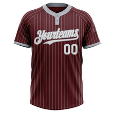 Laden Sie das Bild in den Galerie-Viewer, Custom Burgundy Gray Pinstripe White Two-Button Unisex Softball Jersey