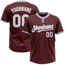 Laden Sie das Bild in den Galerie-Viewer, Custom Burgundy Gray Pinstripe White Two-Button Unisex Softball Jersey