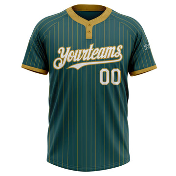 Custom Midnight Green Old Gold Pinstripe White Two-Button Unisex Softball Jersey