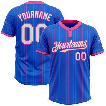 Custom Thunder Blue Pink Pinstripe White Two-Button Unisex Softball Jersey