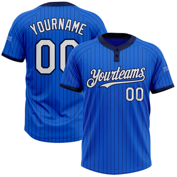 Custom Thunder Blue Navy Pinstripe White Two-Button Unisex Softball Jersey