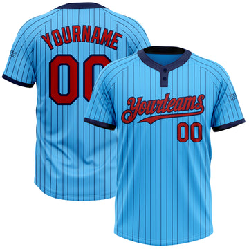 Custom Sky Blue Navy Pinstripe Red Two-Button Unisex Softball Jersey