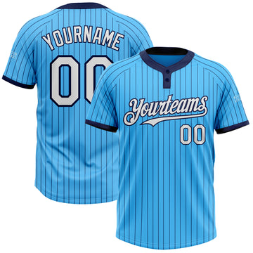 Custom Sky Blue Navy Pinstripe White Two-Button Unisex Softball Jersey