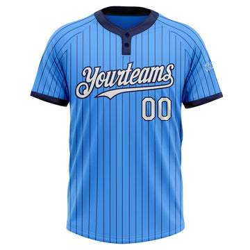 Custom Electric Blue Navy Pinstripe White Two-Button Unisex Softball Jersey