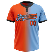 Laden Sie das Bild in den Galerie-Viewer, Custom Light Blue Orange-Black Gradient Fashion Two-Button Unisex Softball Jersey