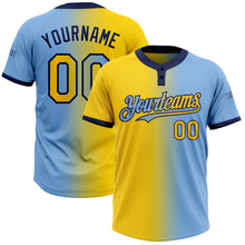 Laden Sie das Bild in den Galerie-Viewer, Custom Light Blue Yellow-Navy Gradient Fashion Two-Button Unisex Softball Jersey