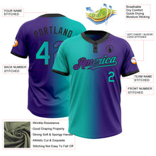Загрузить изображение в средство просмотра галереи, Custom Purple Aqua-Black Gradient Fashion Two-Button Unisex Softball Jersey