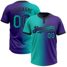 Загрузить изображение в средство просмотра галереи, Custom Purple Aqua-Black Gradient Fashion Two-Button Unisex Softball Jersey