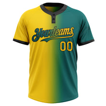Laden Sie das Bild in den Galerie-Viewer, Custom Teal Yellow-Black Gradient Fashion Two-Button Unisex Softball Jersey