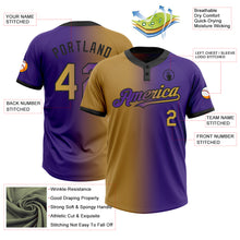 Laden Sie das Bild in den Galerie-Viewer, Custom Purple Old Gold-Black Gradient Fashion Two-Button Unisex Softball Jersey