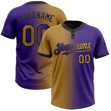 Laden Sie das Bild in den Galerie-Viewer, Custom Purple Old Gold-Black Gradient Fashion Two-Button Unisex Softball Jersey