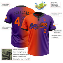 Laden Sie das Bild in den Galerie-Viewer, Custom Purple Orange-Black Gradient Fashion Two-Button Unisex Softball Jersey