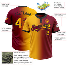 Laden Sie das Bild in den Galerie-Viewer, Custom Maroon Gold-Black Gradient Fashion Two-Button Unisex Softball Jersey