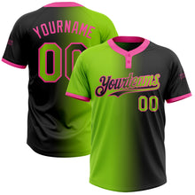 Laden Sie das Bild in den Galerie-Viewer, Custom Black Neon Green-Pink Gradient Fashion Two-Button Unisex Softball Jersey